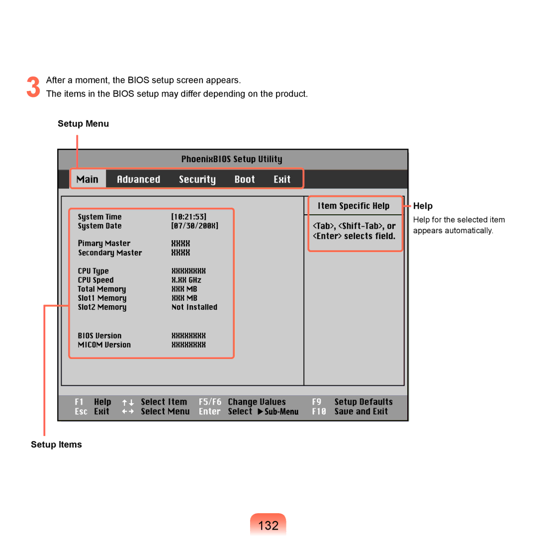 Samsung NP-X22T000/SES, NP-X22A003/SEG, NP-X22T001/SEG, NP-X22A004/SEG, NP-X22A002/SEG manual 132, Setup Menu Help, Setup Items 