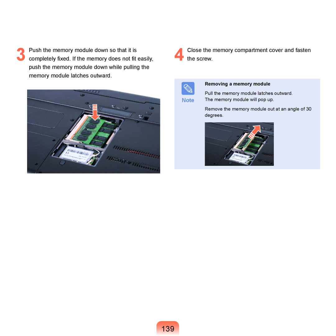 Samsung NP-X22A005/SER, NP-X22A003/SEG, NP-X22T001/SEG, NP-X22A004/SEG, NP-X22A002/SEG manual 139, Removing a memory module 