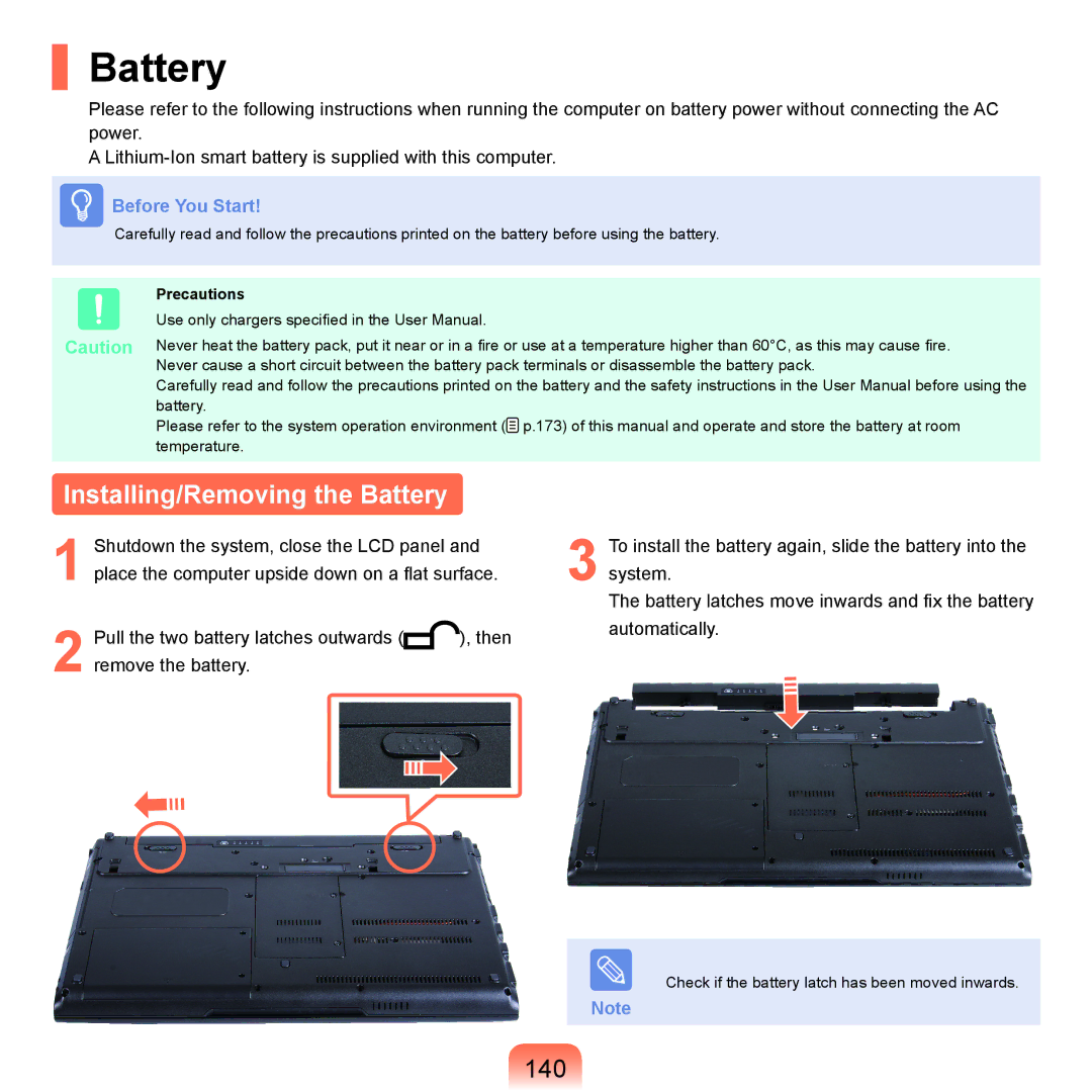 Samsung NP-X22A003/SER, NP-X22A003/SEG, NP-X22T001/SEG, NP-X22A004/SEG Installing/Removing the Battery, 140, Precautions 