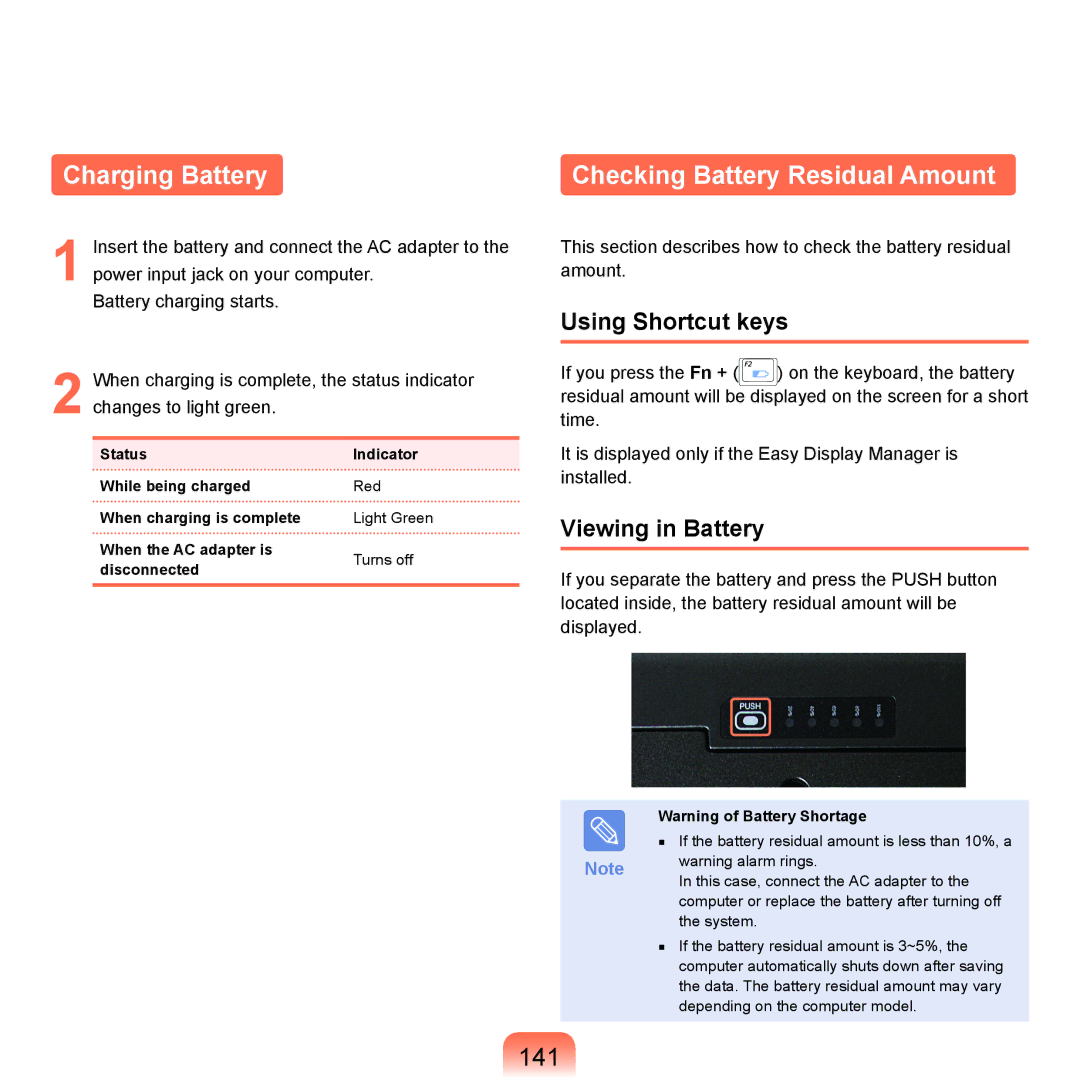 Samsung NP-X22A007/SER Charging Battery, Checking Battery Residual Amount, 141, Using Shortcut keys, Viewing in Battery 