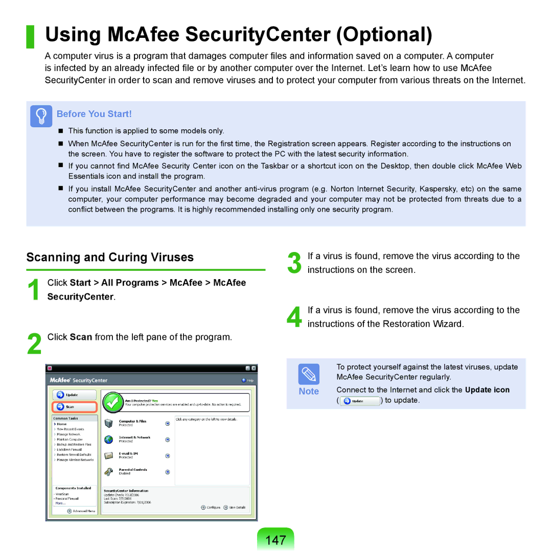 Samsung NP-X22A000/SEG, NP-X22A003/SEG manual Using McAfee SecurityCenter Optional, 147, Scanning and Curing Viruses 