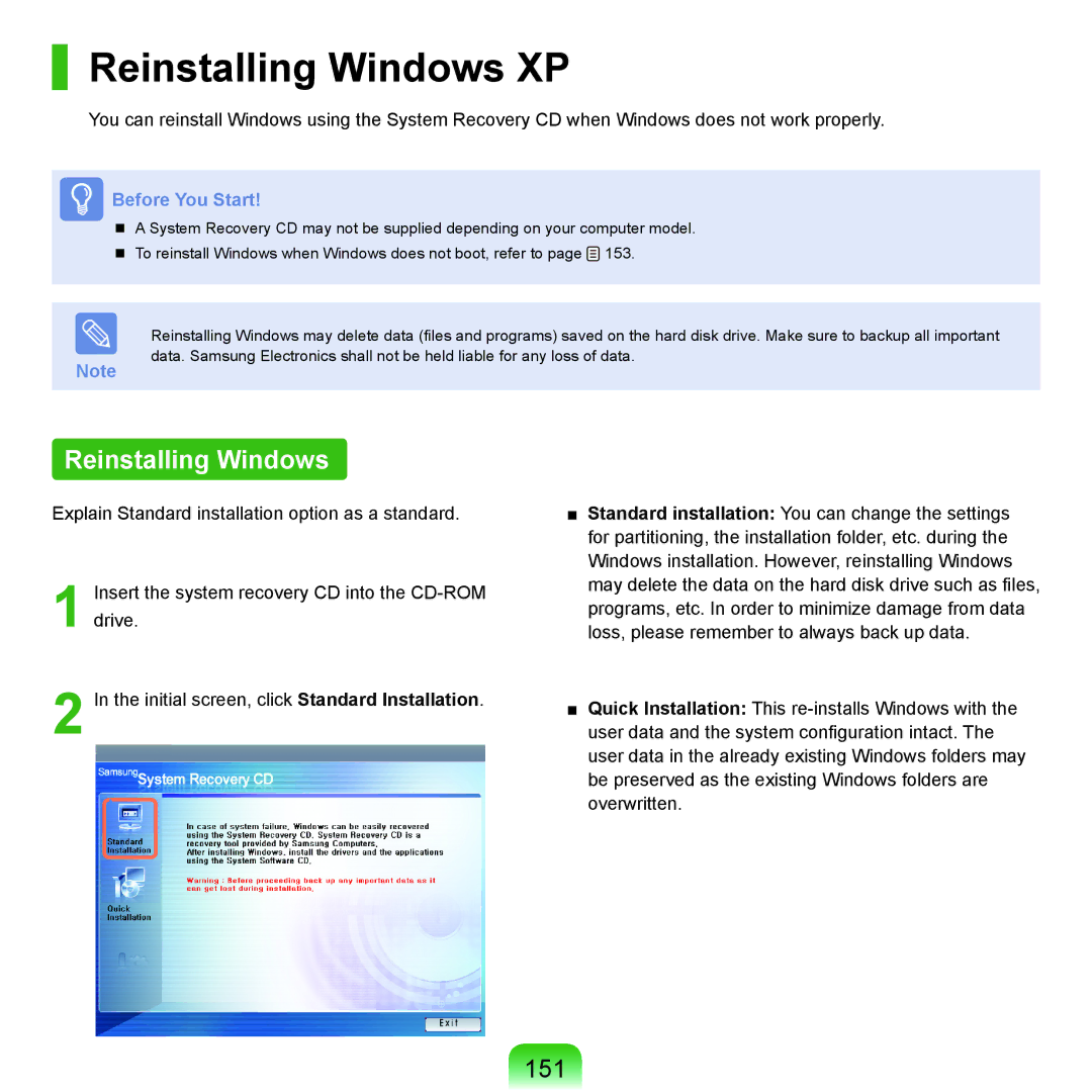 Samsung NP-X22T001/SEF, NP-X22A003/SEG, NP-X22T001/SEG, NP-X22A004/SEG, NP-X22A002/SEG manual Reinstalling Windows XP, 151 