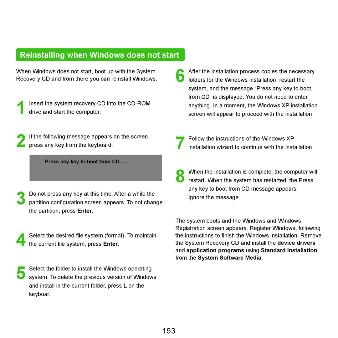 Samsung NP-X22A004/SEF, NP-X22A003/SEG, NP-X22T001/SEG, NP-X22A004/SEG manual Reinstalling when Windows does not start, 153 
