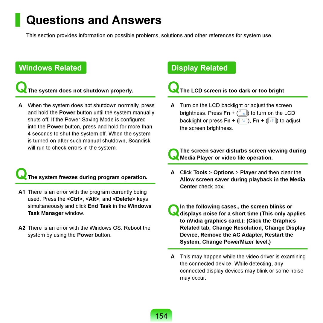 Samsung NP-X22A003/SEF, NP-X22A003/SEG, NP-X22T001/SEG manual Questions and Answers, Windows Related, Display Related, 154 