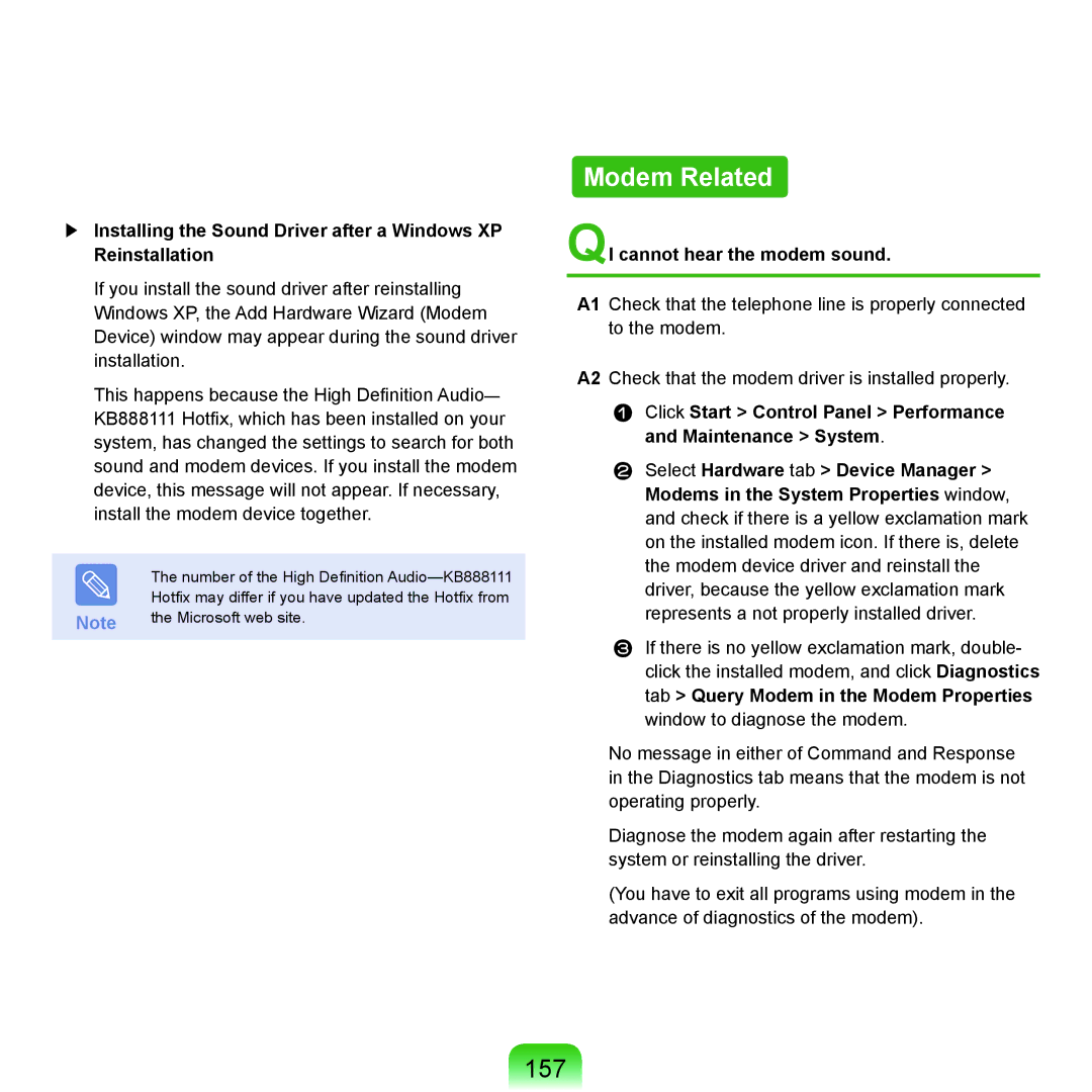 Samsung NP-X22A006/SEF, NP-X22A003/SEG, NP-X22T001/SEG, NP-X22A004/SEG Modem Related, 157, QI cannot hear the modem sound 