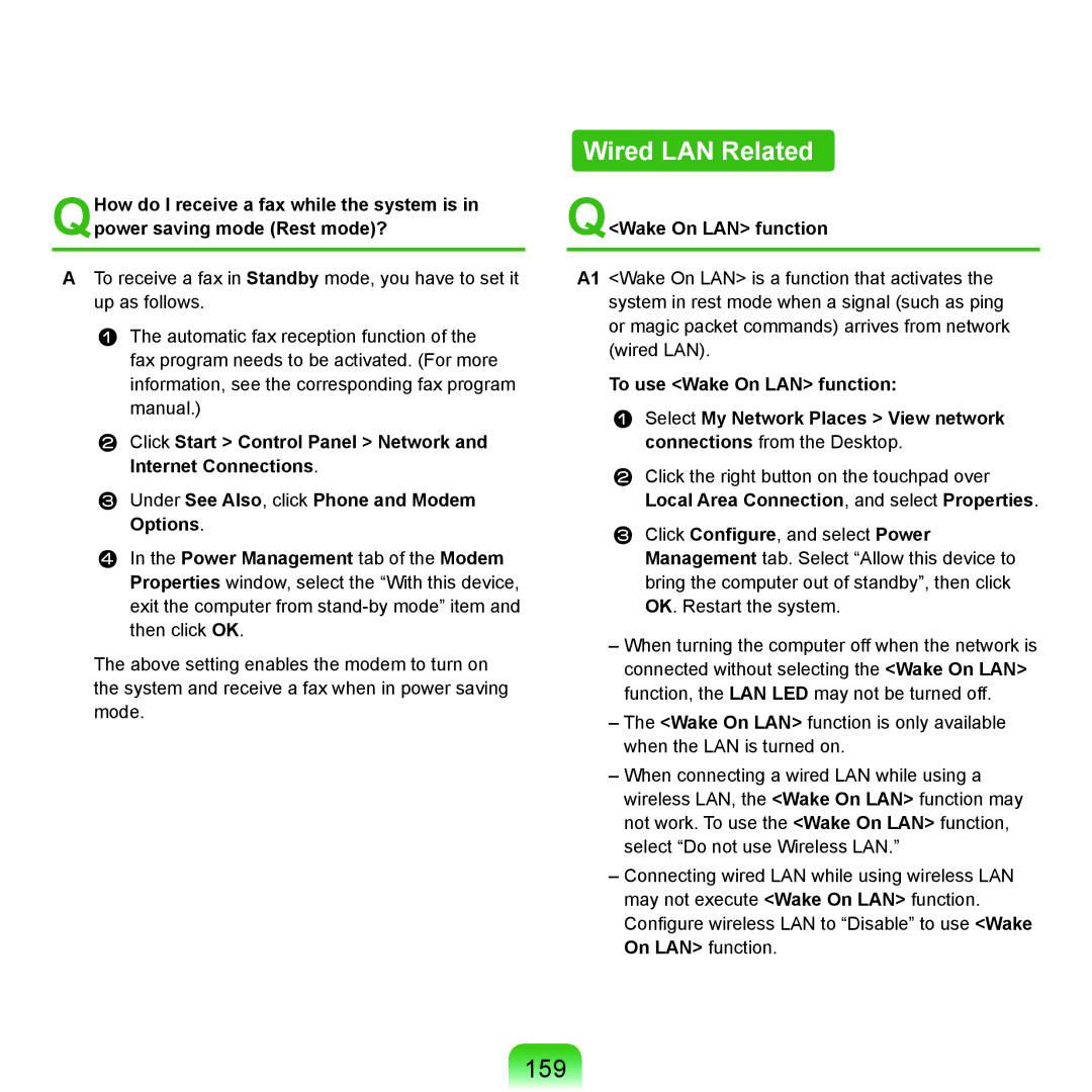 Samsung NP-X22A007/SEF manual Wired LAN Related, 159, QWake On LAN function, Local Area Connection, and select Properties 