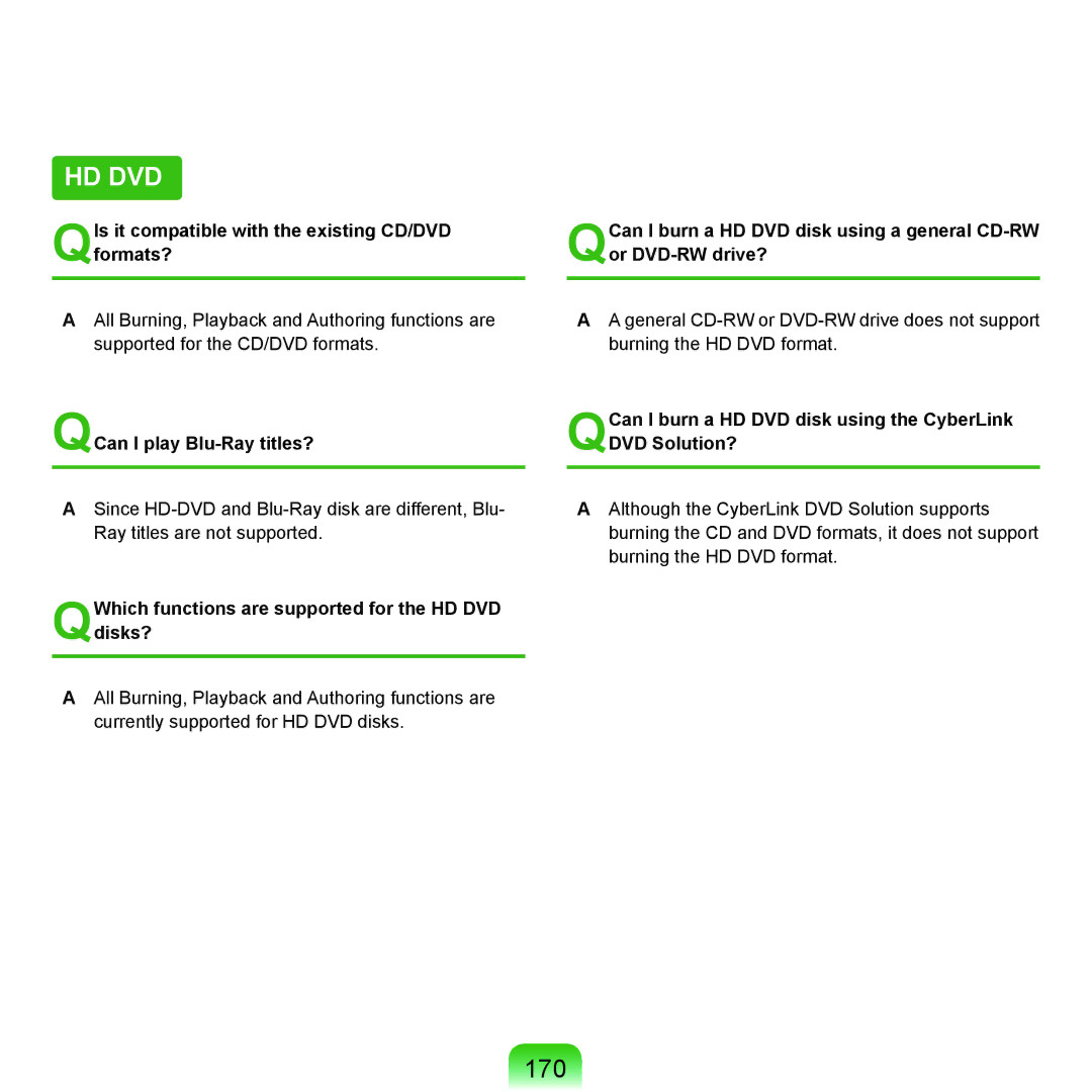 Samsung NP-X22A002/SES manual 170, QIs it compatible with the existing CD/DVD formats?, QCan I play Blu-Ray titles? 