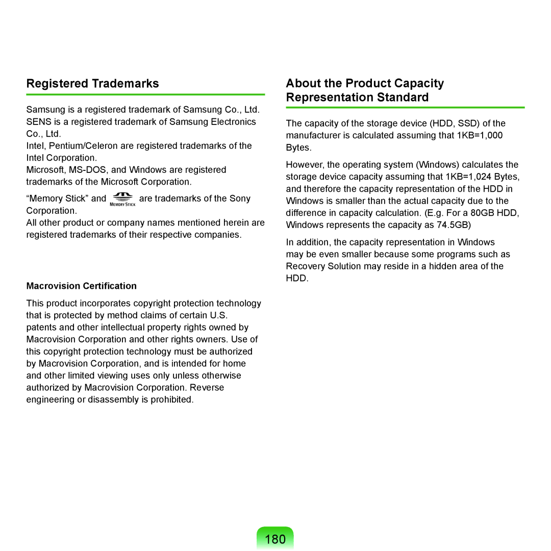 Samsung NP-X22T001/SEG, NP-X22A003/SEG manual 180, Registered Trademarks, About the Product Capacity Representation Standard 