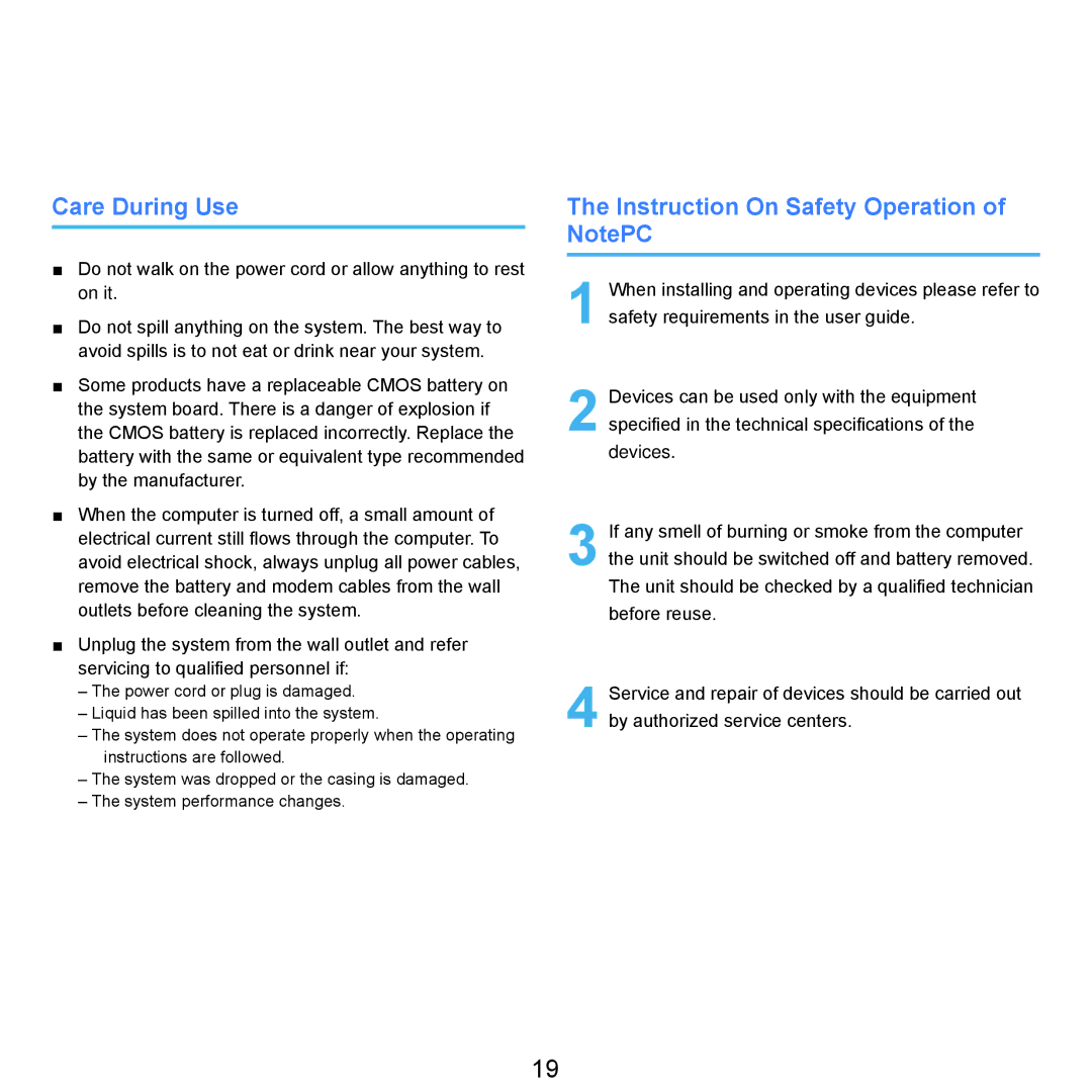 Samsung NP-X22A000/SEI, NP-X22A003/SEG, NP-X22T001/SEG manual Care During Use, Instruction On Safety Operation of NotePC 