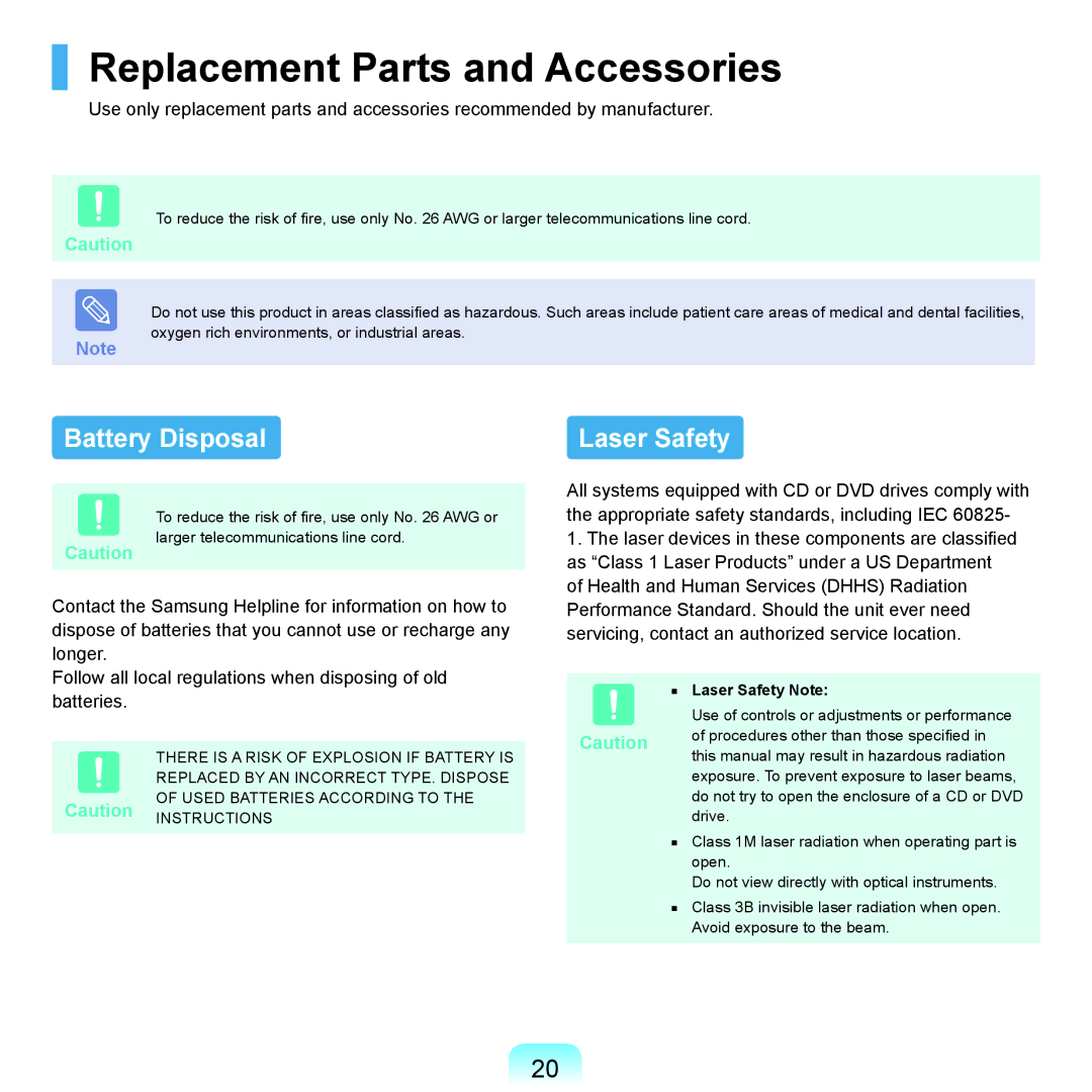 Samsung NP-X22A001/SEI, NP-X22A003/SEG Replacement Parts and Accessories, Battery Disposal Laser Safety, Laser Safety Note 