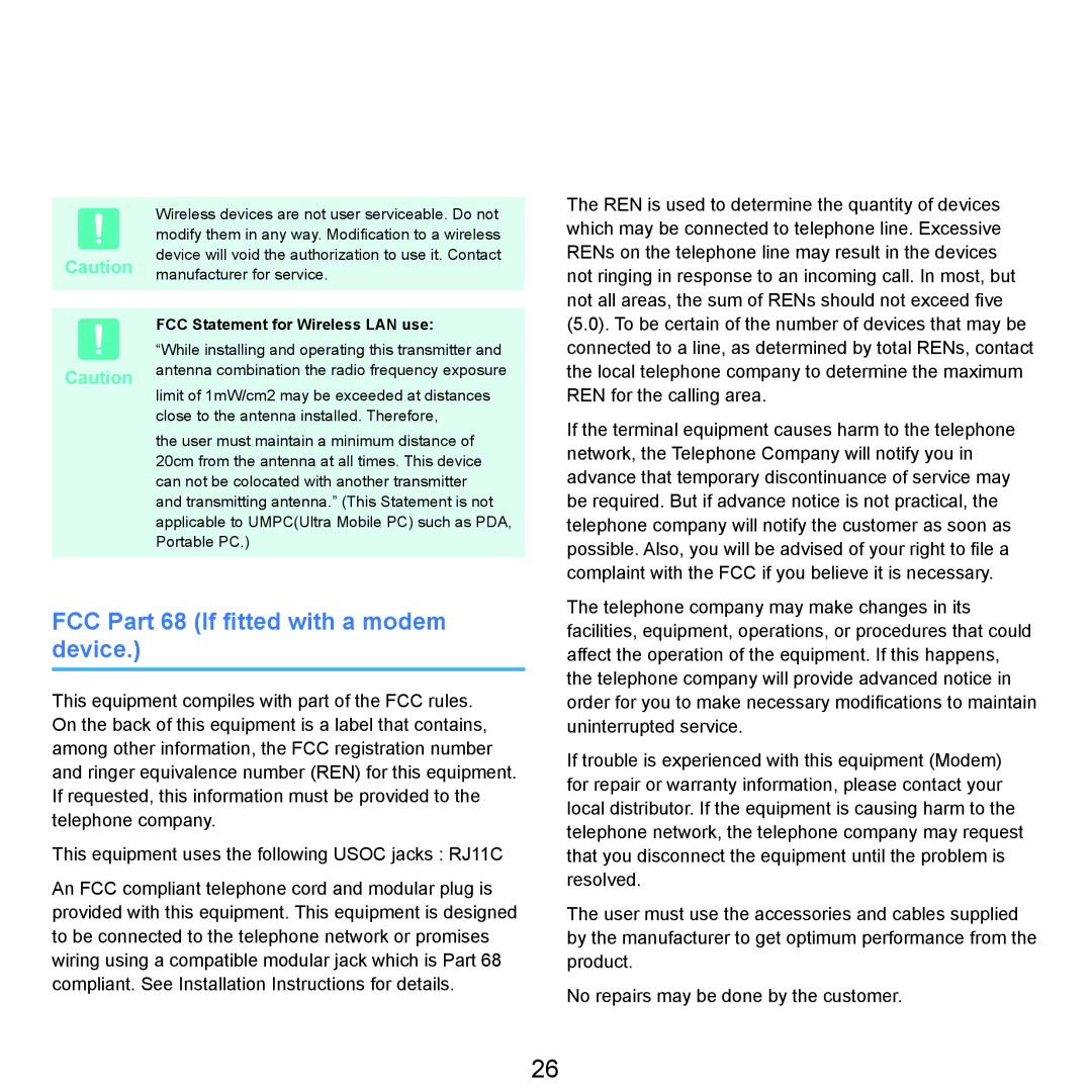 Samsung NP-X22A002/SES, NP-X22A003/SEG manual FCC Part 68 If fitted with a modem device, FCC Statement for Wireless LAN use 