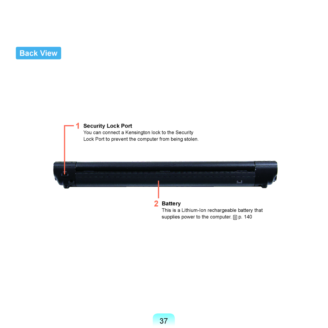 Samsung NP-X22A004/SEG, NP-X22A003/SEG, NP-X22T001/SEG, NP-X22A002/SEG, NP-X22A000/SEG Back View, Security Lock Port, Battery 