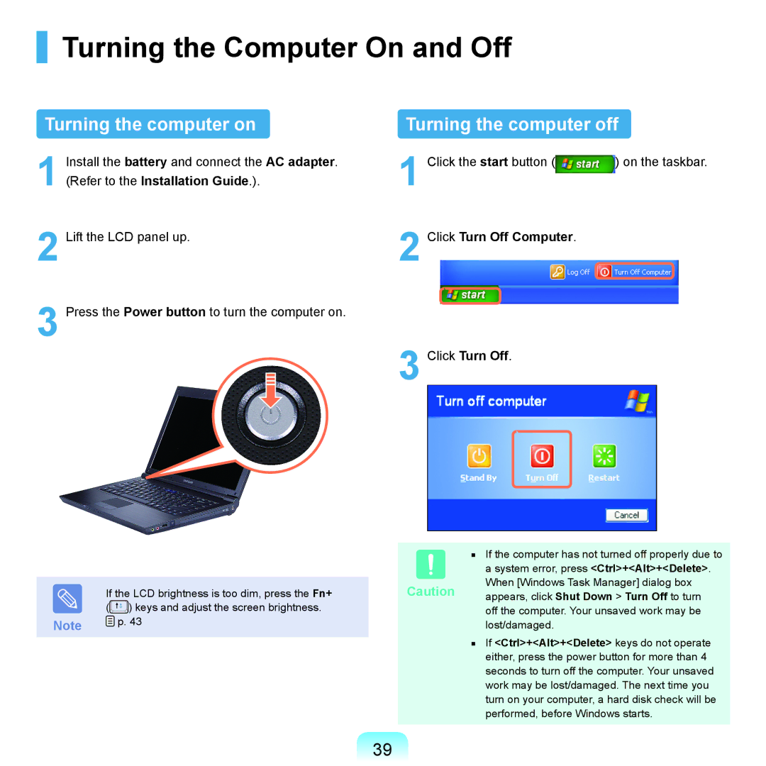 Samsung NP-X22A000/SEG Turning the Computer On and Off, Turning the computer on Turning the computer off, Click Turn Off 