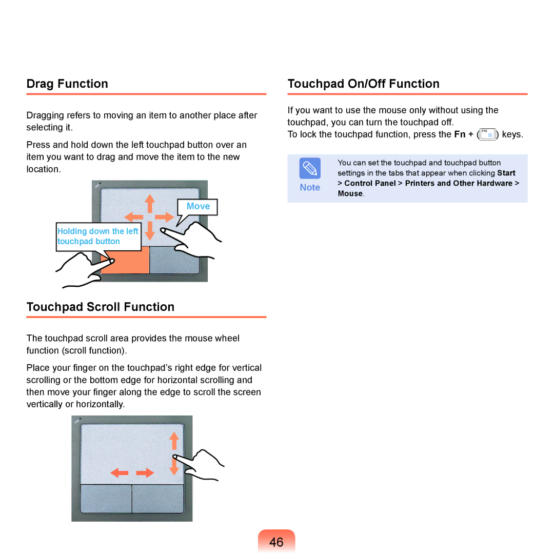 Samsung NP-X22A003/SEF, NP-X22A003/SEG, NP-X22T001/SEG Drag Function, Touchpad On/Off Function, Touchpad Scroll Function 