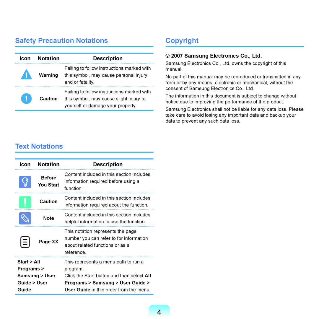 Samsung NP-X22T000/SEG, NP-X22A003/SEG Safety Precaution Notations, Text Notations Copyright, Icon Notation Description 