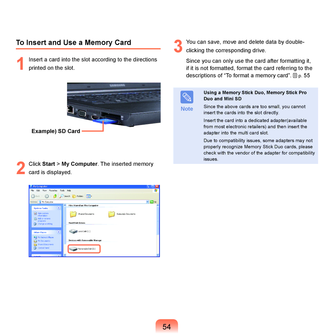 Samsung NP-X22A002/SEI manual To Insert and Use a Memory Card, Example SD Card, Using a Memory Stick Duo, Memory Stick Pro 