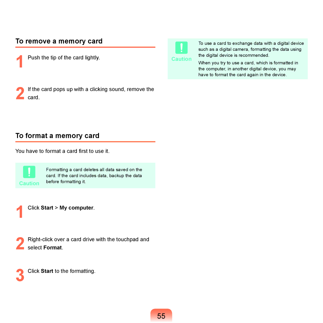 Samsung NP-X22A000/SEI, NP-X22A003/SEG manual To remove a memory card, To format a memory card, Click Start My computer 