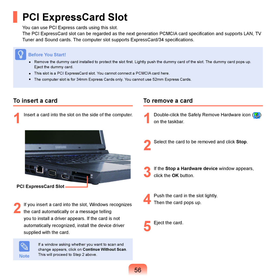 Samsung NP-X22A001/SEI, NP-X22A003/SEG, NP-X22T001/SEG manual PCI ExpressCard Slot, To insert a card, To remove a card 