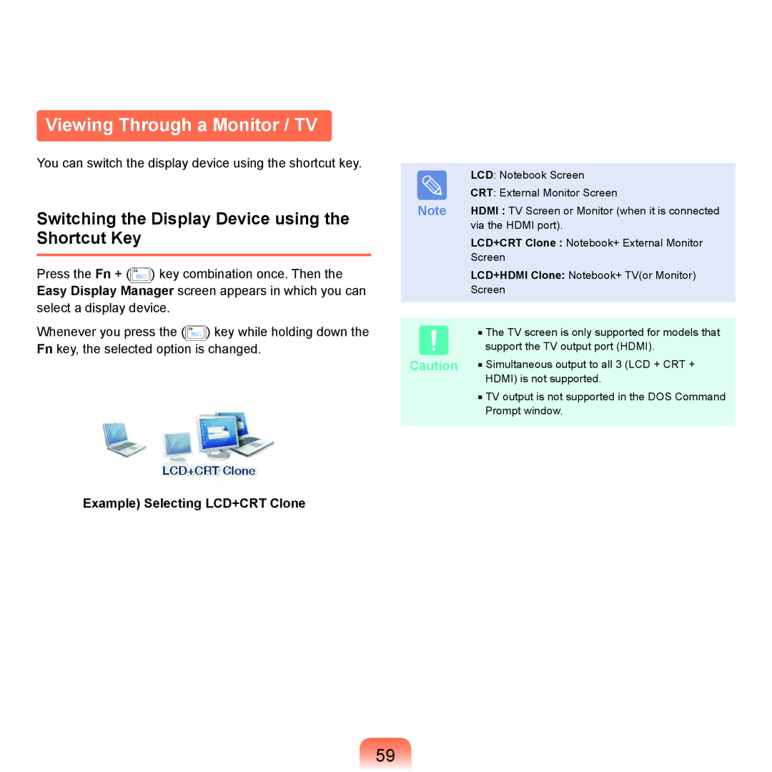 Samsung NP-X22A004/SES, NP-X22A003/SEG Viewing Through a Monitor / TV, Switching the Display Device using the Shortcut Key 