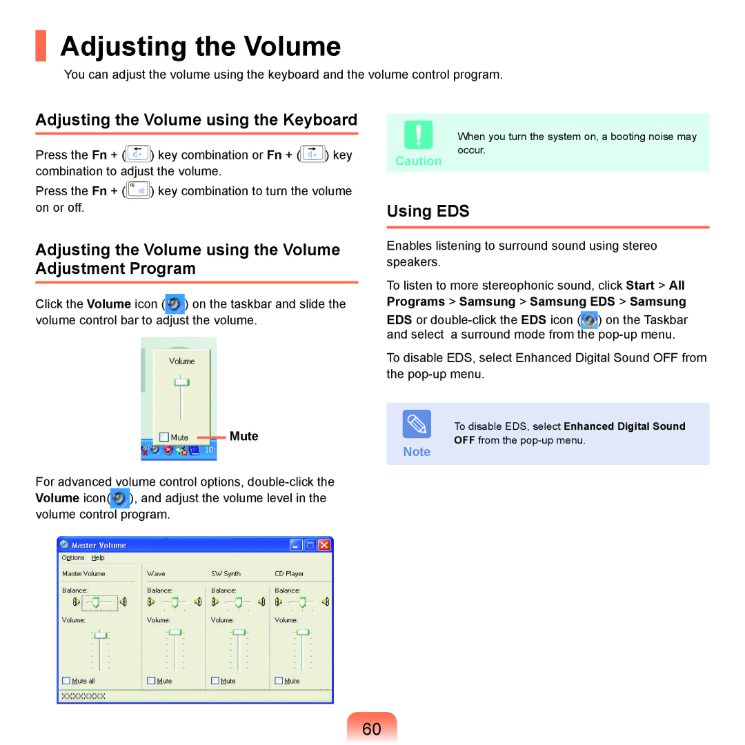 Samsung NP-X22T000/SES, NP-X22A003/SEG, NP-X22T001/SEG, NP-X22A004/SEG manual Adjusting the Volume using the Keyboard 