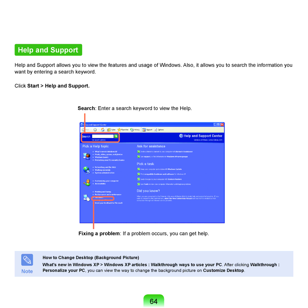 Samsung NP-X22A001/SES, NP-X22A003/SEG manual Click Start Help and Support, How to Change Desktop Background Picture 