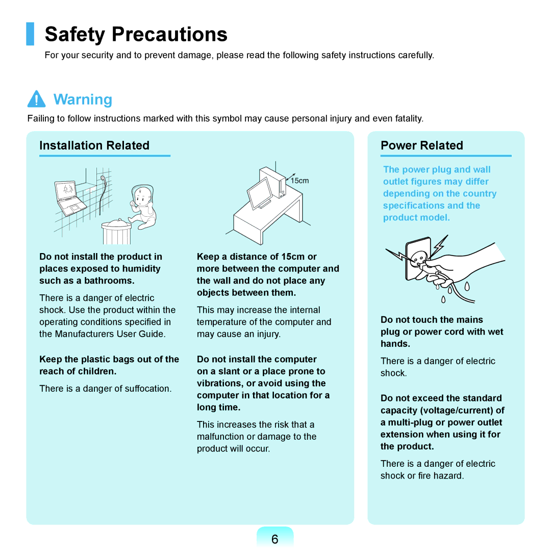 Samsung NP-X22T000/SEF, NP-X22A003/SEG, NP-X22T001/SEG manual Safety Precautions, Installation Related Power Related 