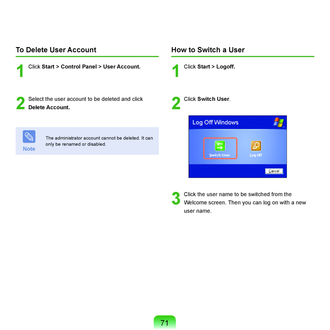 Samsung NP-X22A003/SEG, NP-X22T001/SEG manual To Delete User Account How to Switch a User, Click Switch User, Delete Account 