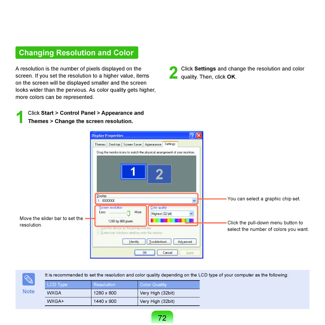 Samsung NP-X22T001/SEG, NP-X22A003/SEG, NP-X22A004/SEG, NP-X22A002/SEG, NP-X22A000/SEG manual Changing Resolution and Color 
