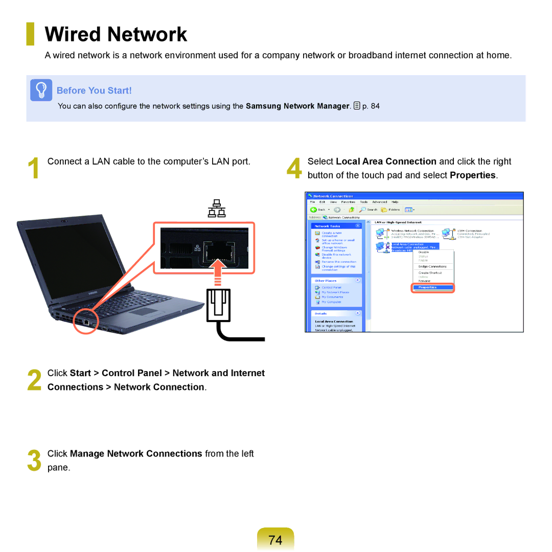 Samsung NP-X22A002/SEG, NP-X22A003/SEG, NP-X22T001/SEG, NP-X22A004/SEG, NP-X22A000/SEG, NP-X22T000/SEG manual Wired Network 