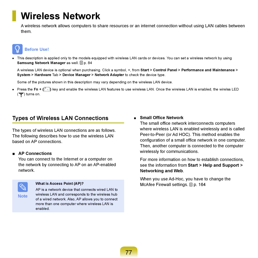 Samsung NP-X22A001/SEG manual Wireless Network, Types of Wireless LAN Connections, AP Connections, Small Office Network 