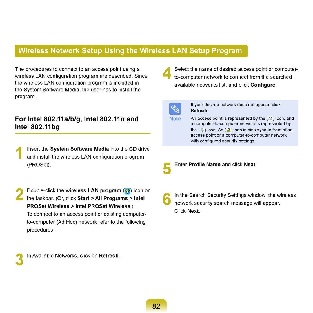 Samsung NP-X22A003/SEF, NP-X22A003/SEG, NP-X22T001/SEG Wireless Network Setup Using the Wireless LAN Setup Program, Refresh 