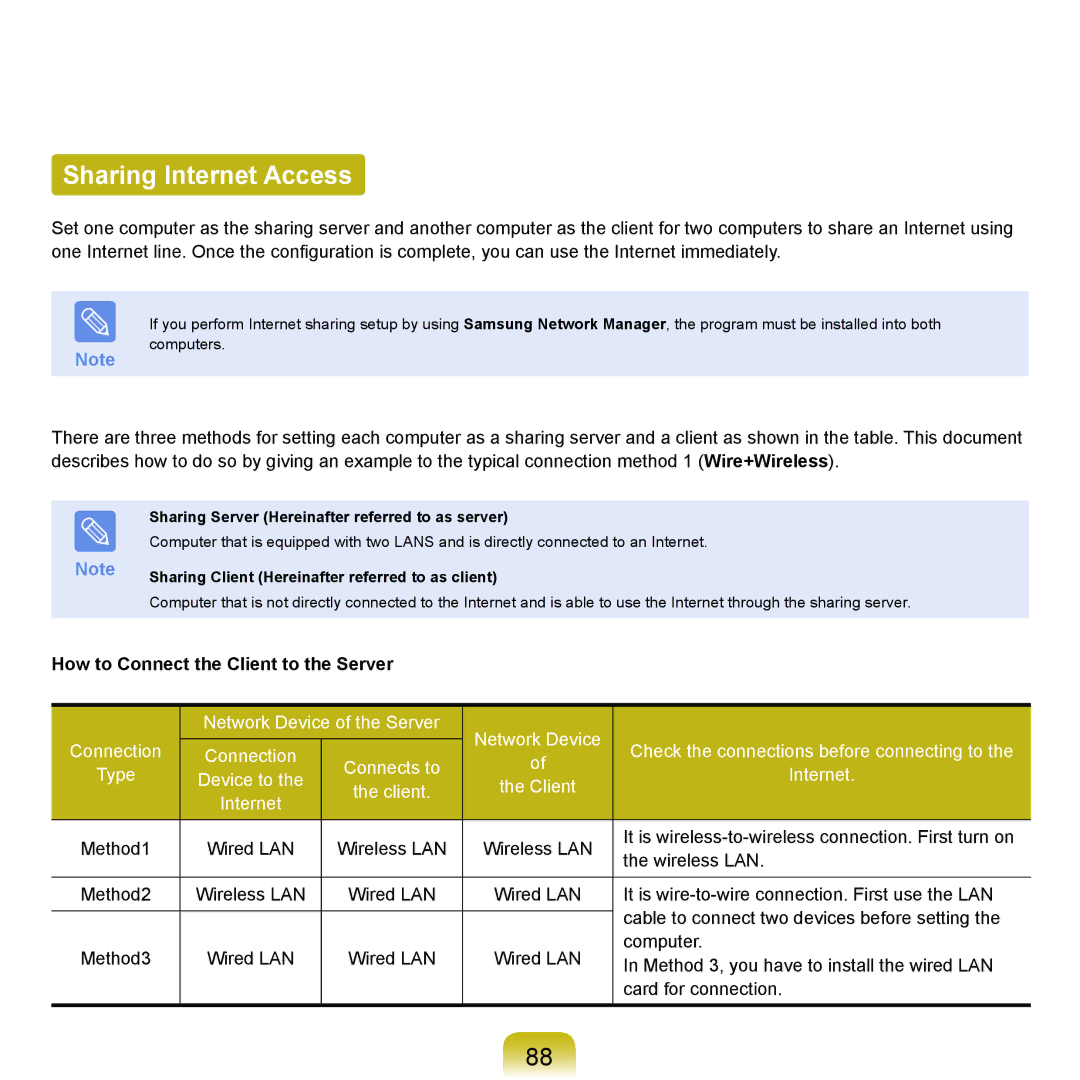 Samsung NP-X22A005/SEF, NP-X22A003/SEG, NP-X22T001/SEG Sharing Internet Access, How to Connect the Client to the Server 