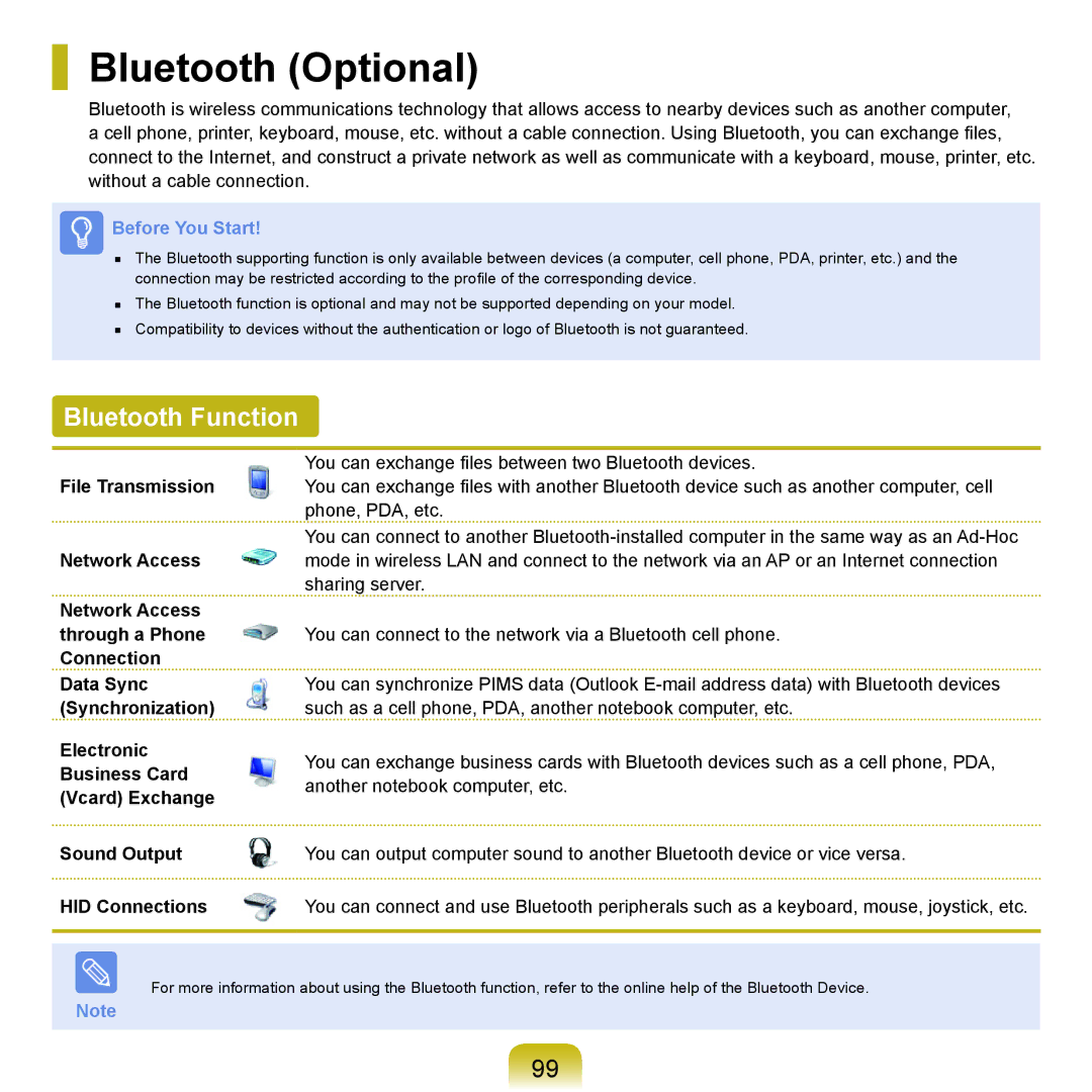 Samsung NP-X22A000/SES, NP-X22A003/SEG, NP-X22T001/SEG manual Bluetooth Optional, Bluetooth Function, Network Access 