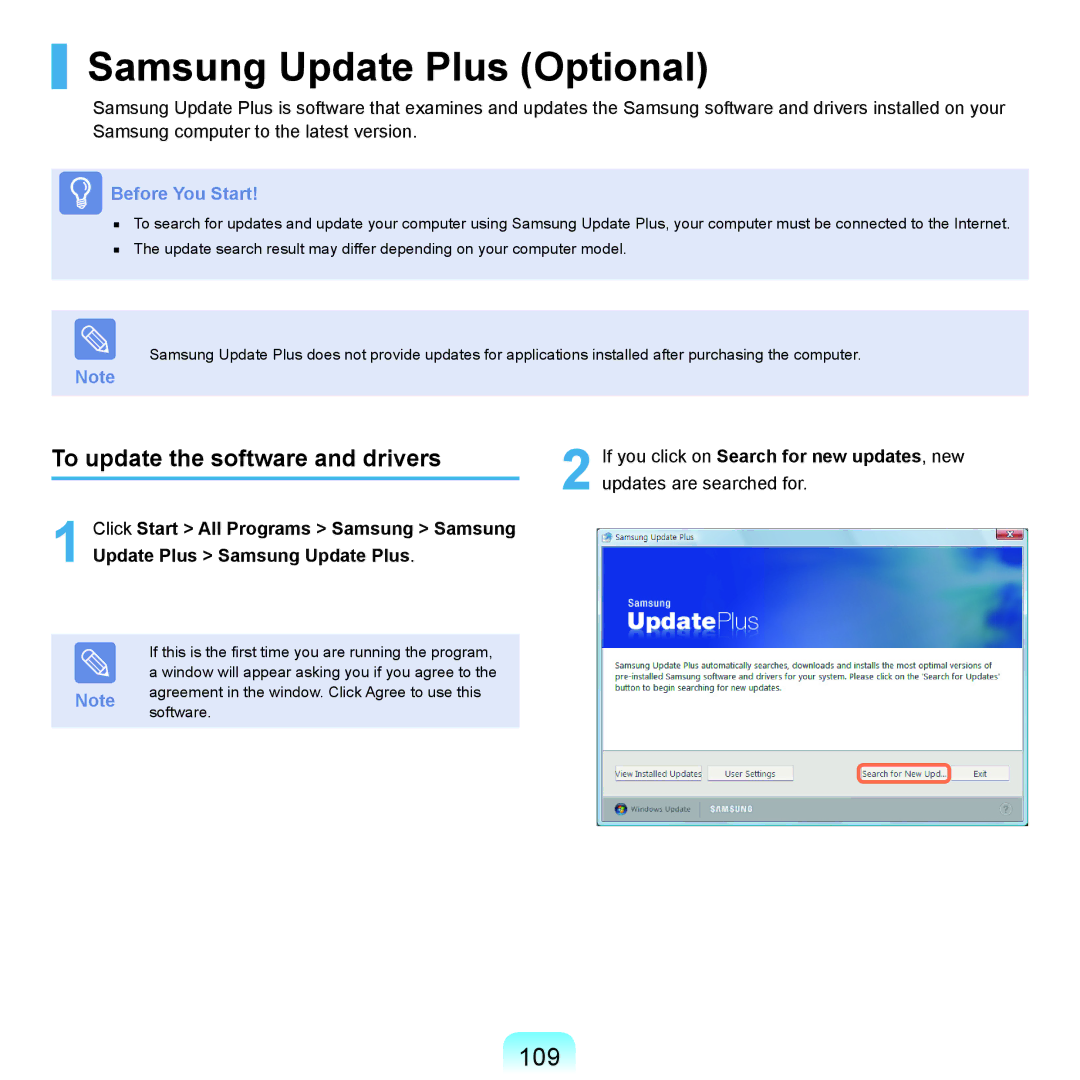 Samsung NP-X22A004/SEG, NP-X22A003/SEG manual Samsung Update Plus Optional, 109, To update the software and drivers 