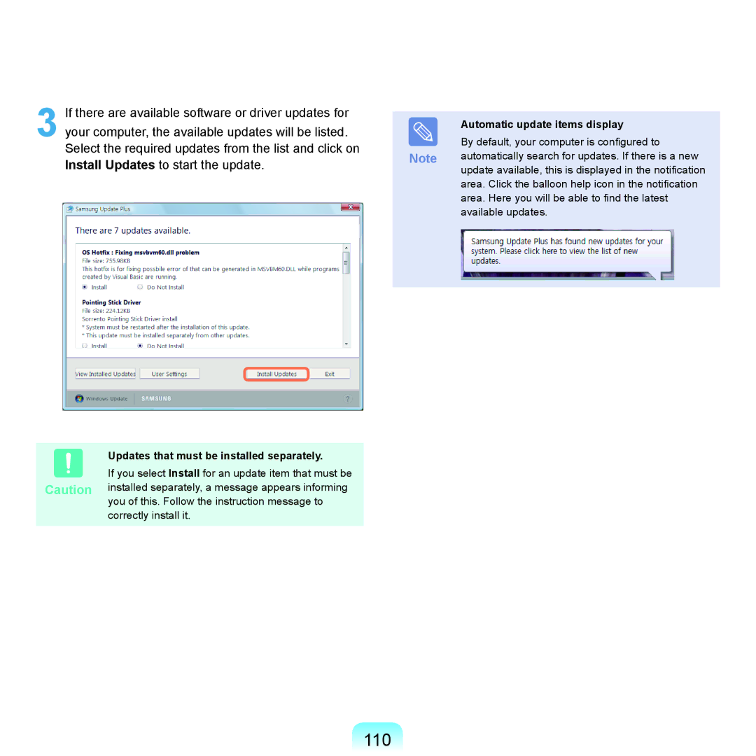 Samsung NP-X22A002/SEG, NP-X22A003/SEG manual 110, Automatic update items display, Updates that must be installed separately 