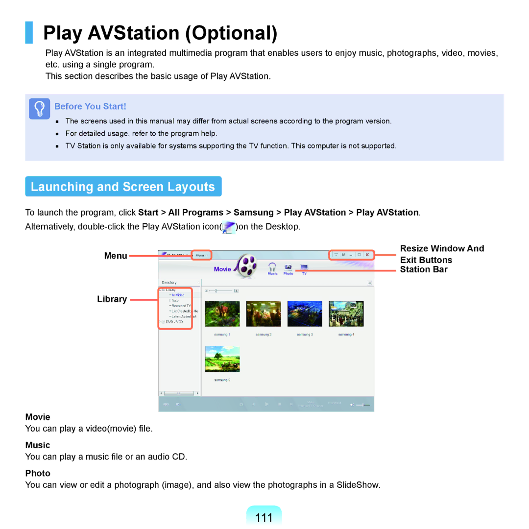 Samsung NP-X22A000/SEG, NP-X22A003/SEG, NP-X22T001/SEG manual Play AVStation Optional, Launching and Screen Layouts, 111 