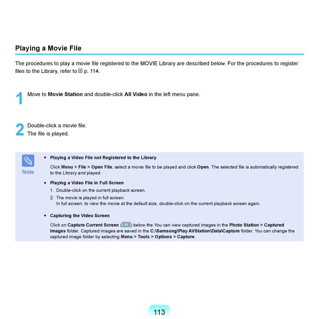 Samsung NP-X22A001/SEG, NP-X22A003/SEG manual 113, Playing a Movie File, Playing a Video File not Registered to the Library 