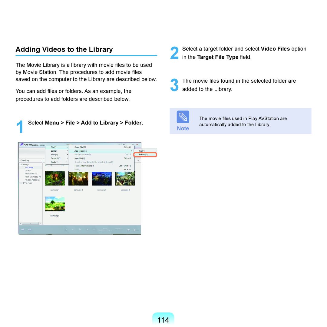 Samsung NP-X22T000/SEF, NP-X22A003/SEG manual 114, Adding Videos to the Library, Select Menu File Add to Library Folder 