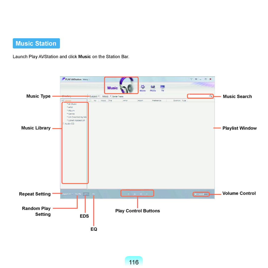 Samsung NP-X22A008/SEF, NP-X22A003/SEG, NP-X22T001/SEG manual Music Station, 116, Music Search Playlist Window Volume Control 