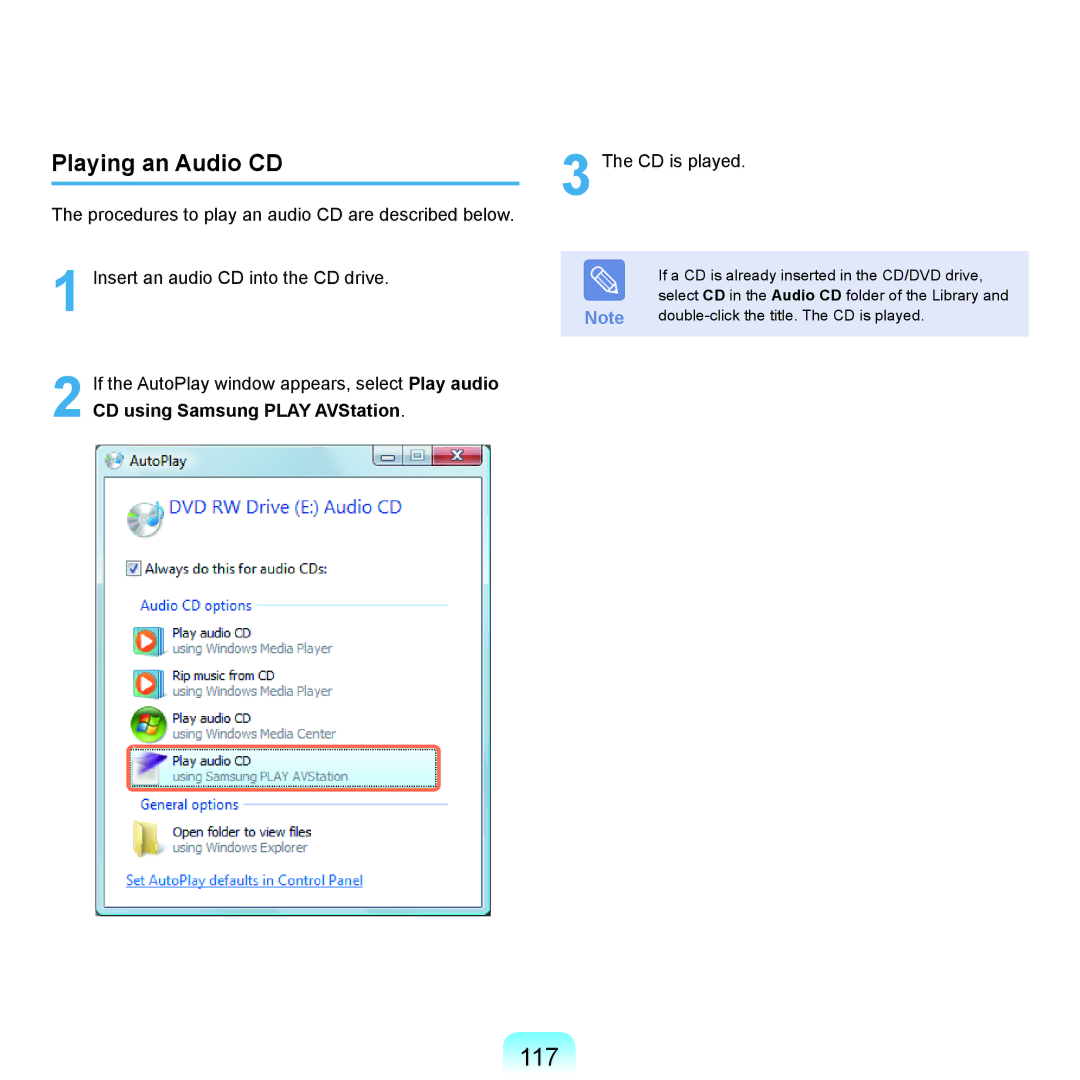 Samsung NP-X22A004/SEF, NP-X22A003/SEG, NP-X22T001/SEG, NP-X22A004/SEG, NP-X22A002/SEG manual 117, Playing an Audio CD 