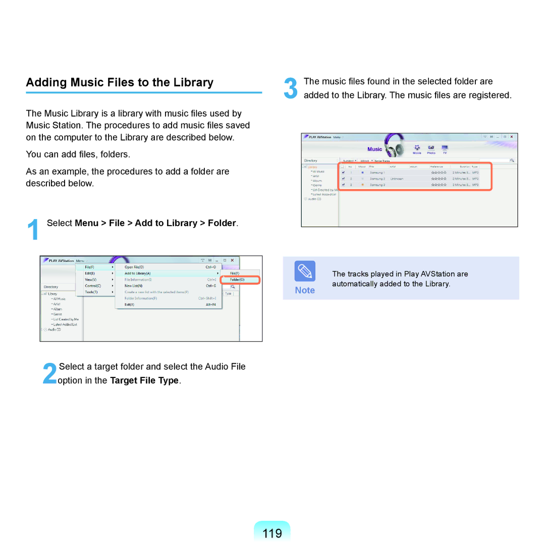 Samsung NP-X22A001/SEF, NP-X22A003/SEG, NP-X22T001/SEG, NP-X22A004/SEG, NP-X22A002/SEG 119, Adding Music Files to the Library 