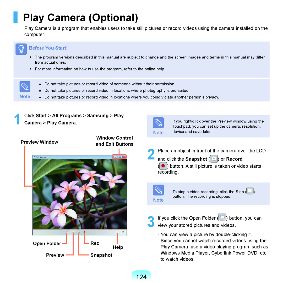 Samsung NP-X22A005/SEF, NP-X22A003/SEG, NP-X22T001/SEG, NP-X22A004/SEG, NP-X22A002/SEG manual Play Camera Optional, 124 