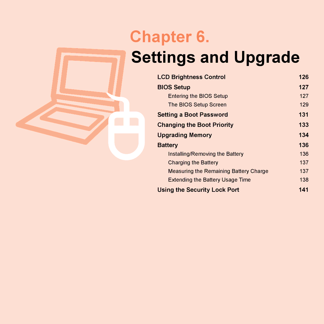 Samsung NP-X22A002/SEF, NP-X22A003/SEG manual Settings and Upgrade, Entering the Bios Setup 127 Bios Setup Screen 129 