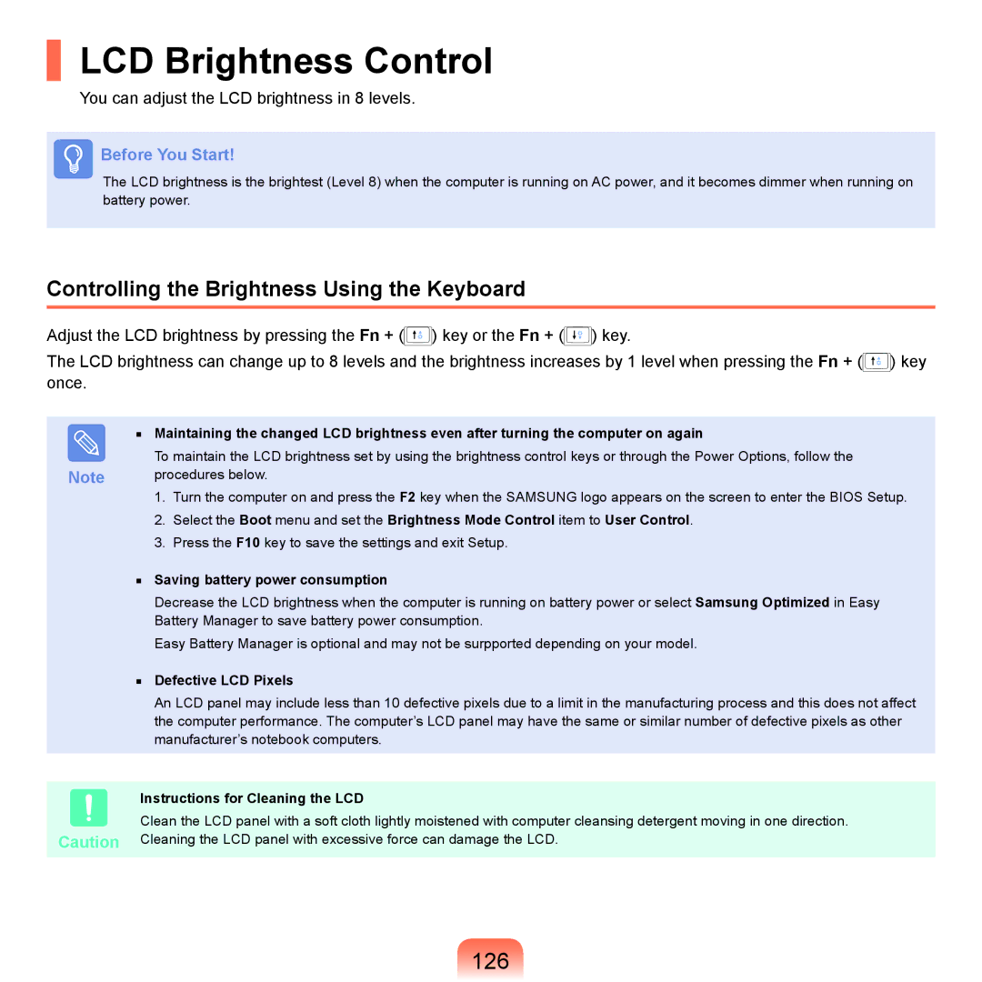 Samsung NP-X22A002/SEI, NP-X22A003/SEG manual LCD Brightness Control, 126, Controlling the Brightness Using the Keyboard 