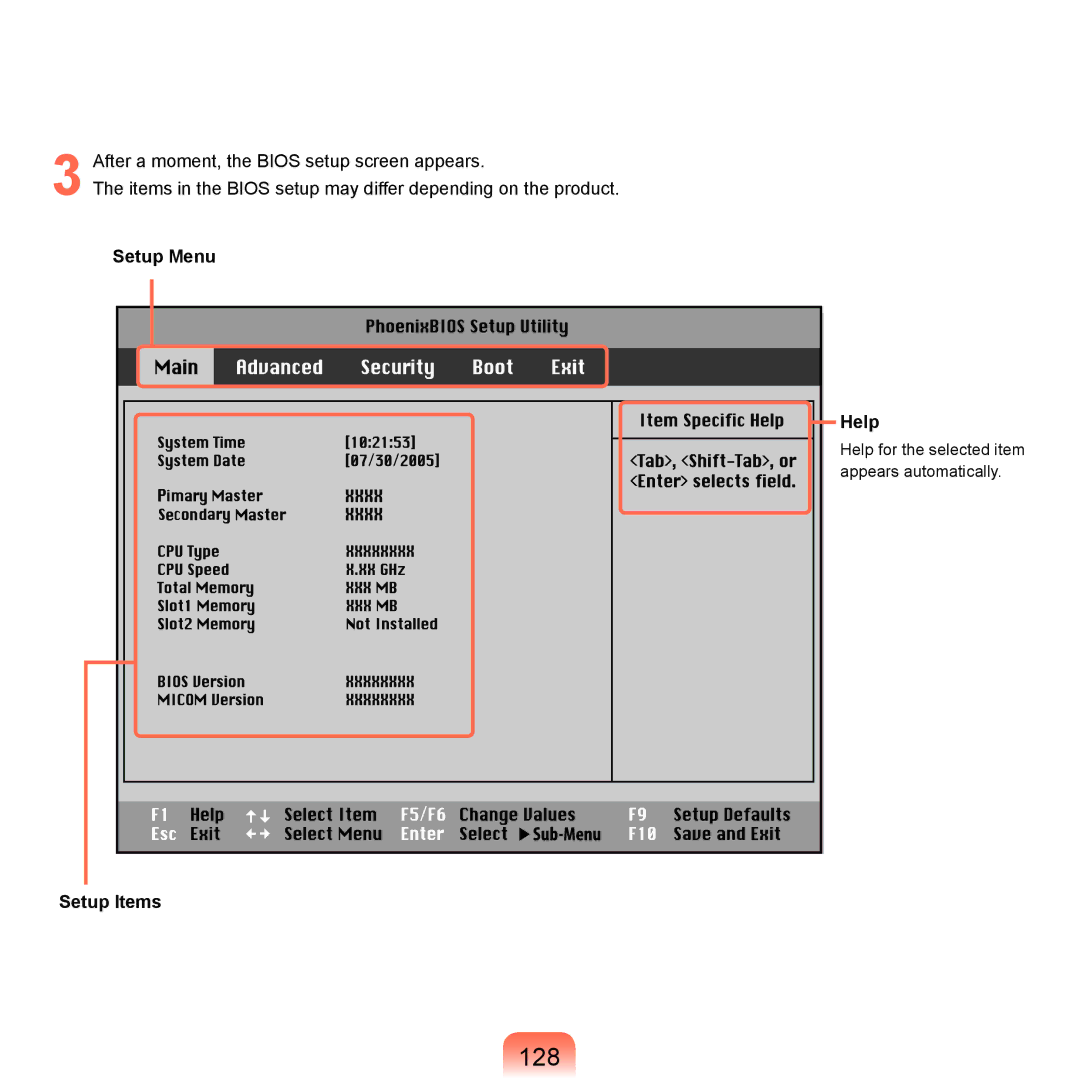 Samsung NP-X22A001/SEI, NP-X22A003/SEG, NP-X22T001/SEG, NP-X22A004/SEG, NP-X22A002/SEG manual 128, Setup Menu Help, Setup Items 