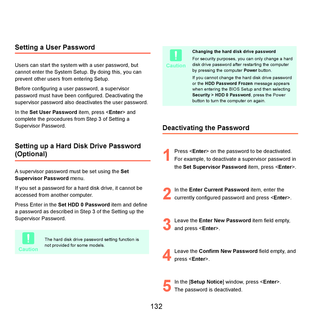 Samsung NP-X22T000/SES, NP-X22A003/SEG manual 132, Setting a User Password, Setting up a Hard Disk Drive Password Optional 