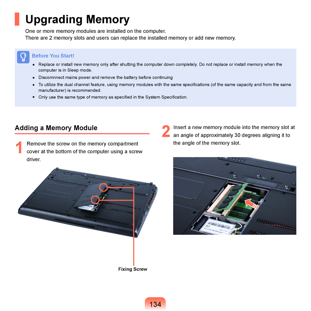 Samsung NP-X22A002/SES, NP-X22A003/SEG, NP-X22T001/SEG, NP-X22A004/SEG manual Upgrading Memory, 134, Adding a Memory Module 