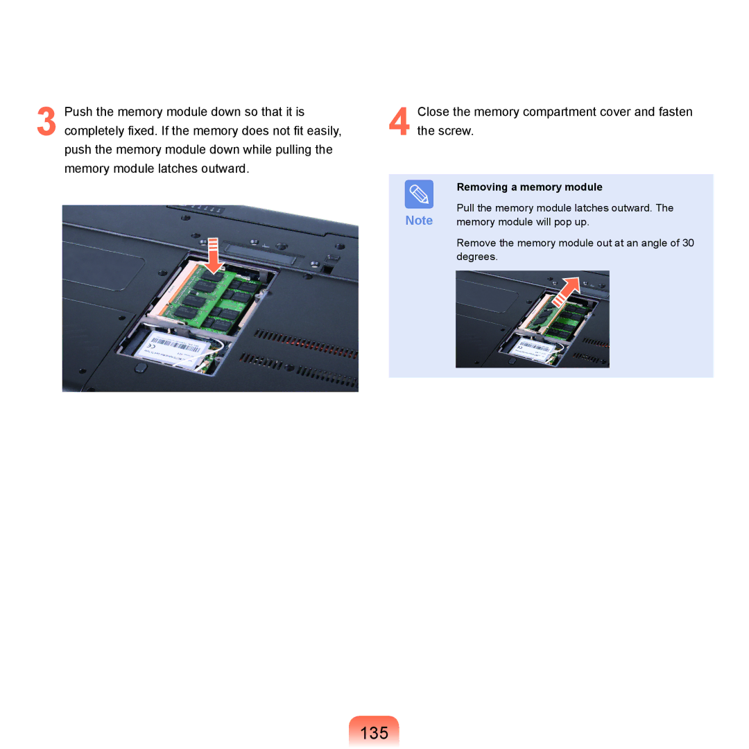 Samsung NP-X22A000/SES, NP-X22A003/SEG, NP-X22T001/SEG, NP-X22A004/SEG, NP-X22A002/SEG manual 135, Removing a memory module 