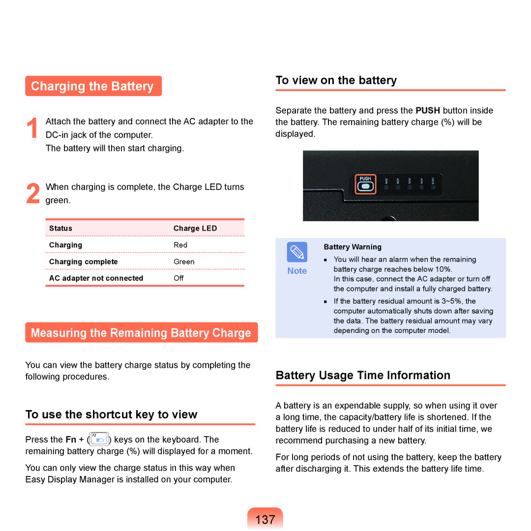 Samsung NP-X22A001/SER, NP-X22A003/SEG Charging the Battery, 137, To use the shortcut key to view, To view on the battery 