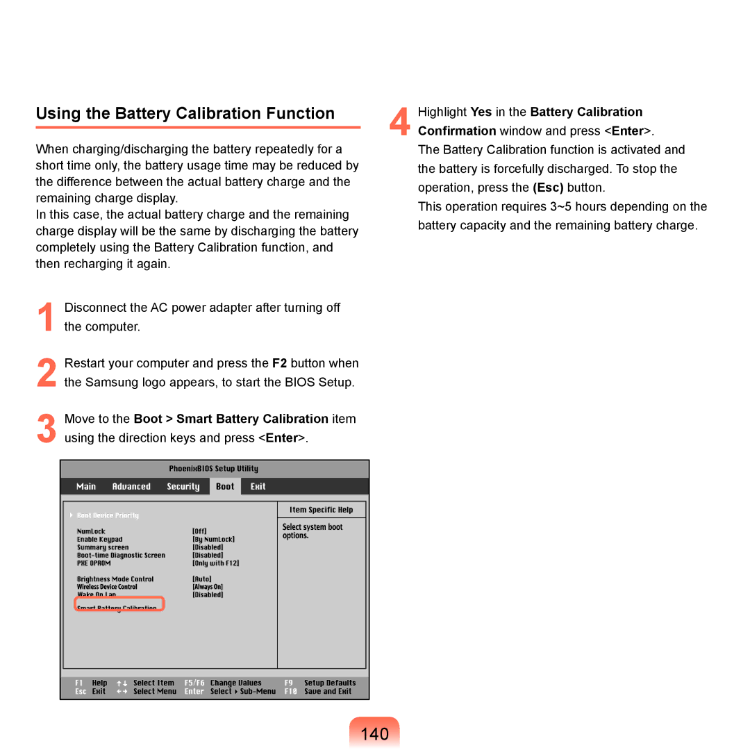 Samsung NP-X22A003/SER, NP-X22A003/SEG, NP-X22T001/SEG, NP-X22A004/SEG manual 140, Using the Battery Calibration Function 